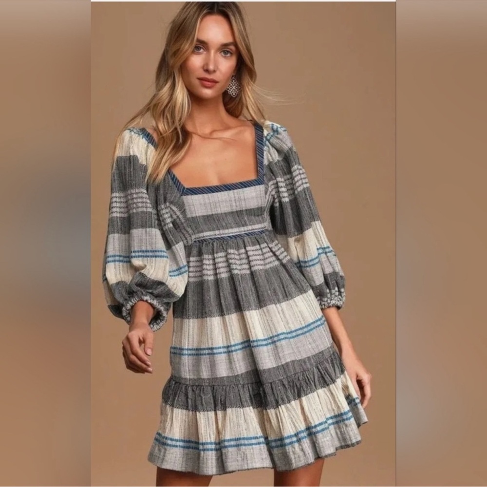 Free People - All Lined Up Blue Multi Striped Puff Sleeve Mini Dress